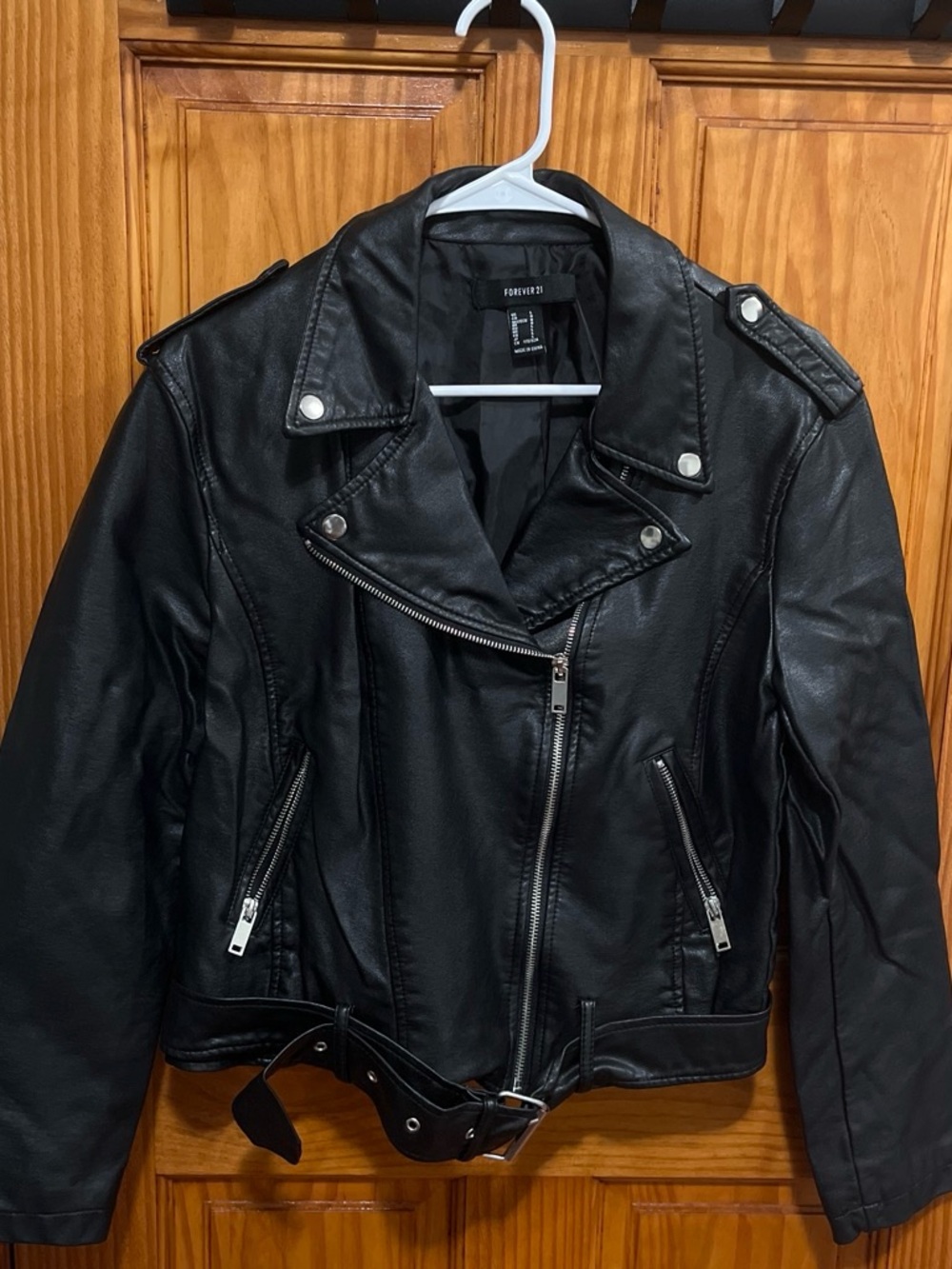 Forever 21 Black Faux Leather Biker Jacket with Belt